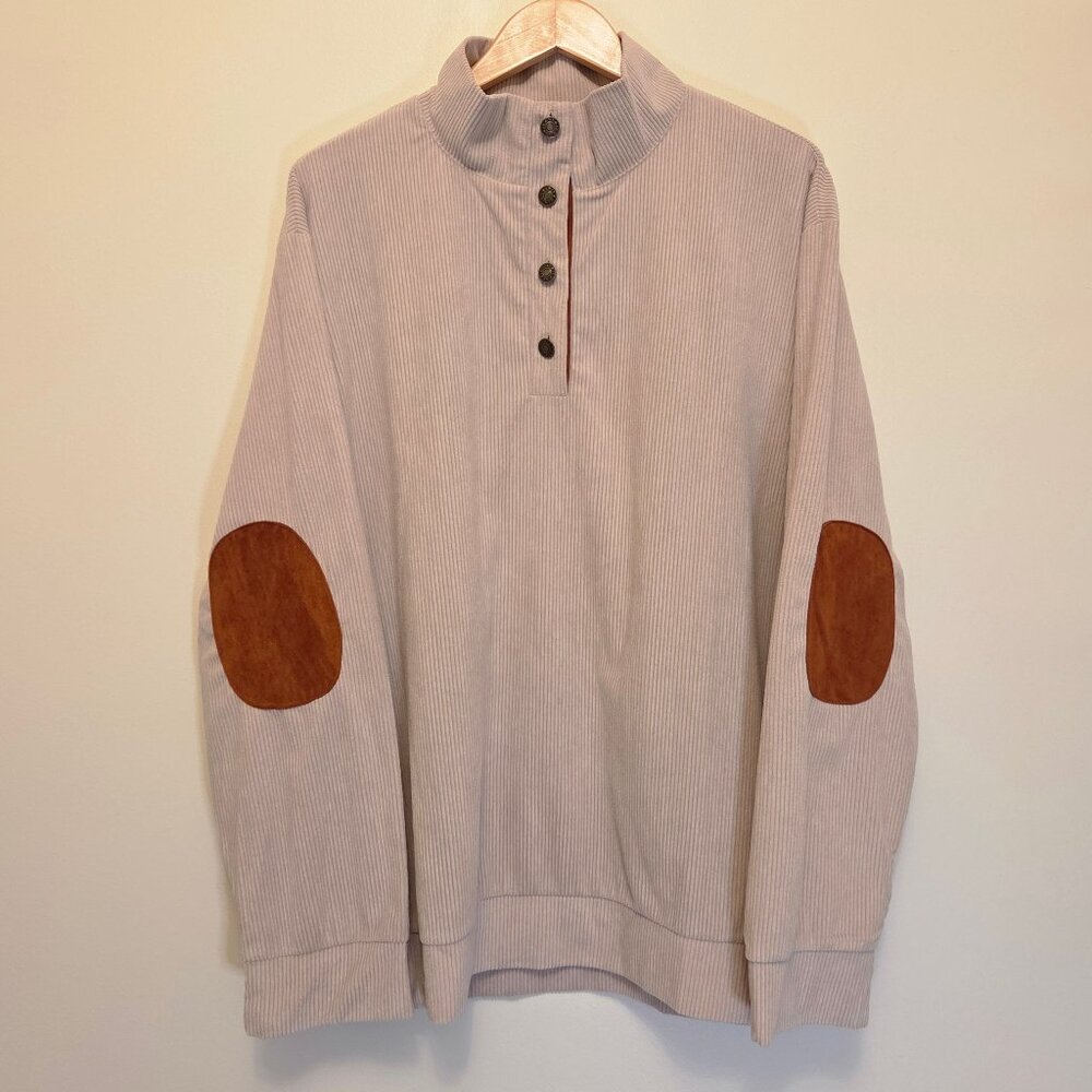 Unbranded Men’s Tan Ribbed Corduroy Pullover Long Sleeve Elbow Patch Shirt - 2XL